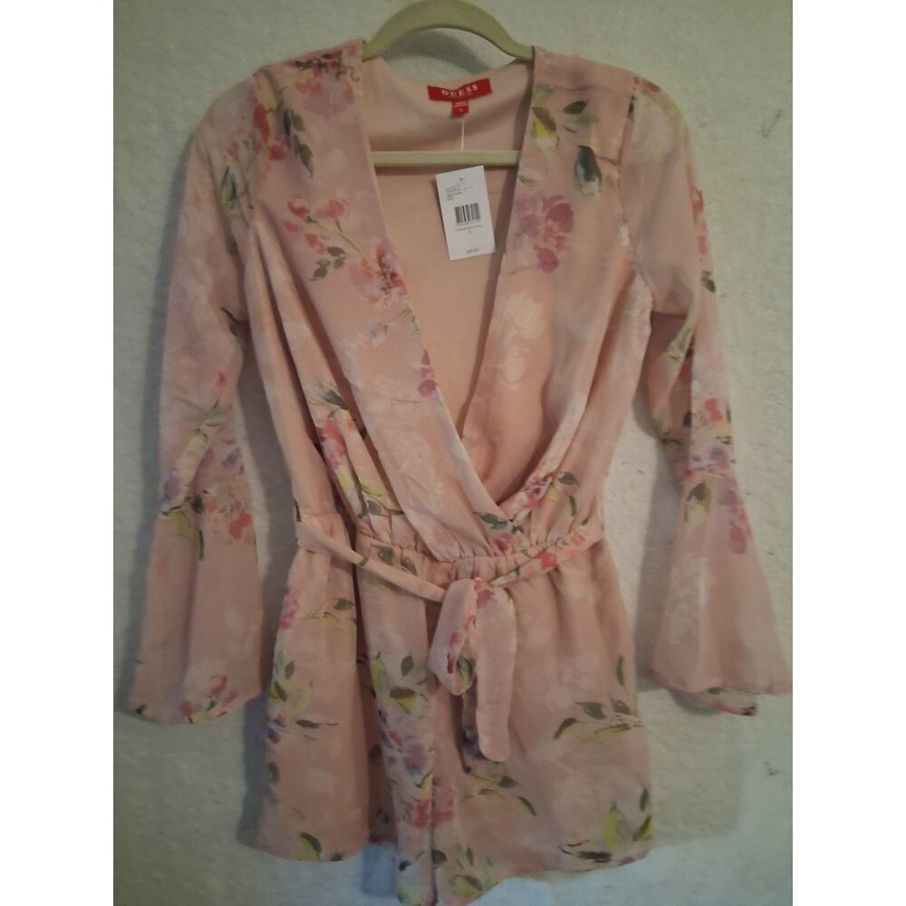 GUESS Darla Floral Wrap Romper Rose Pink Bell Sleeve Boho Fairycore Size S NWT